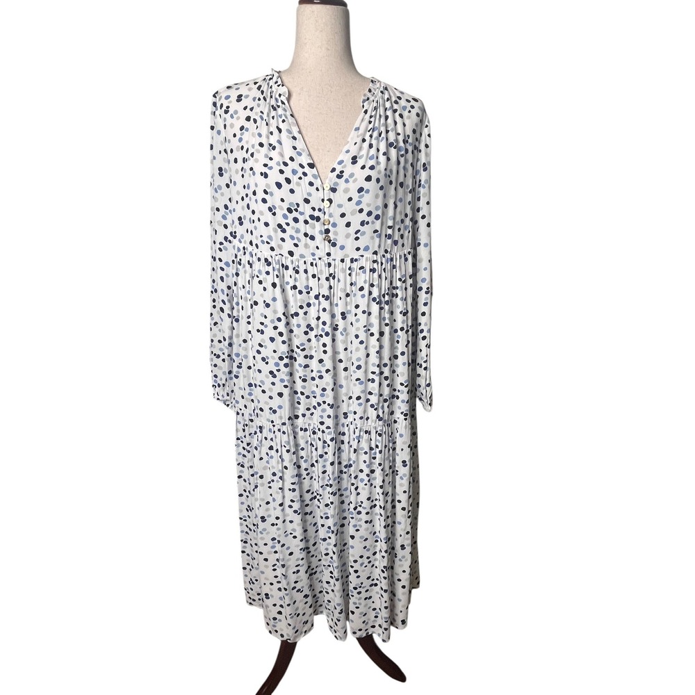 LOFT Blue Polka‎ Dot Tiered Midi Dress Oversized Size S Peasant Modest Feminine